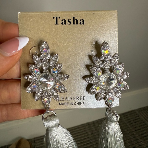 Tasha Silver Grey Tassel Earrings with Rhinestones - Picture 4 of 4